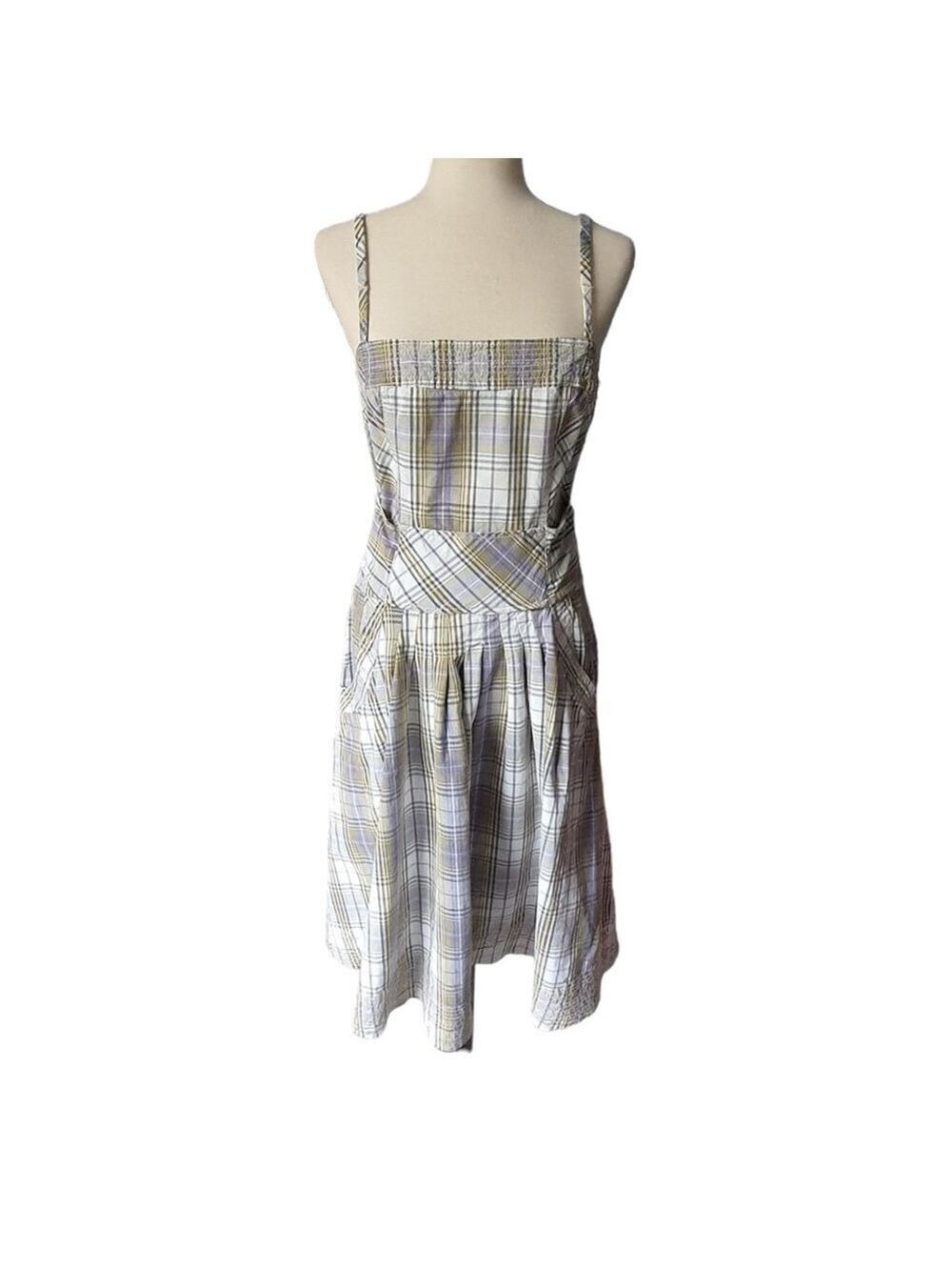 FP Free People Plaid Convertible Smocked Dress Adjustable Size 12 Green Yellow